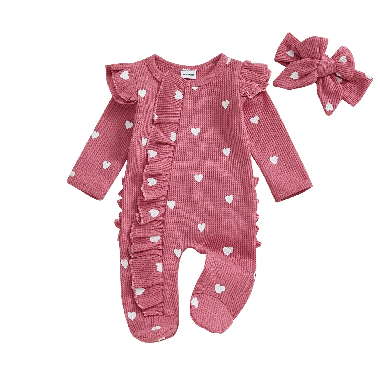 Heart Ruffle Baby Romper Set With Matching Headbands