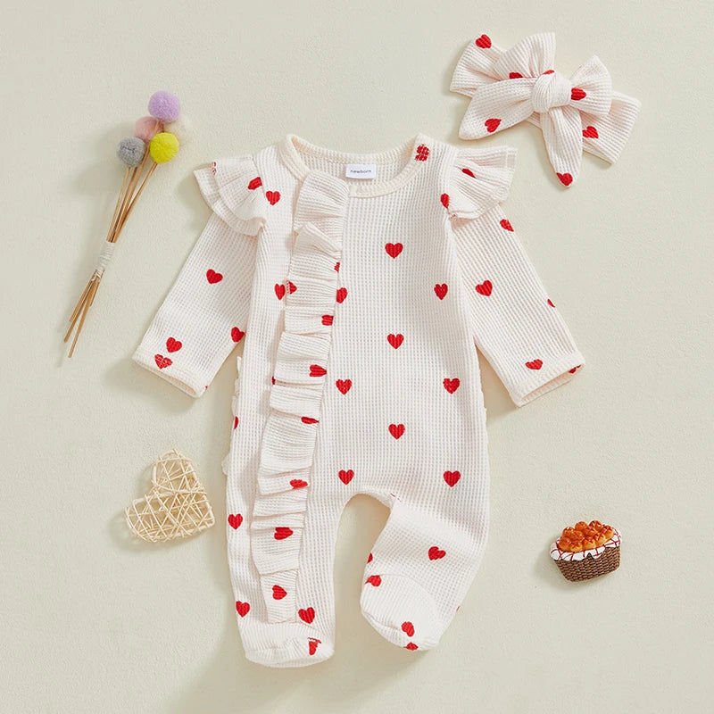 Heart Ruffle Baby Romper Set With Matching Headbands