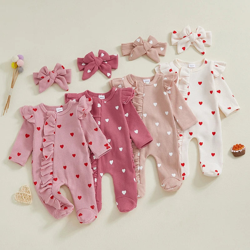 Heart Ruffle Baby Romper Set With Matching Headbands