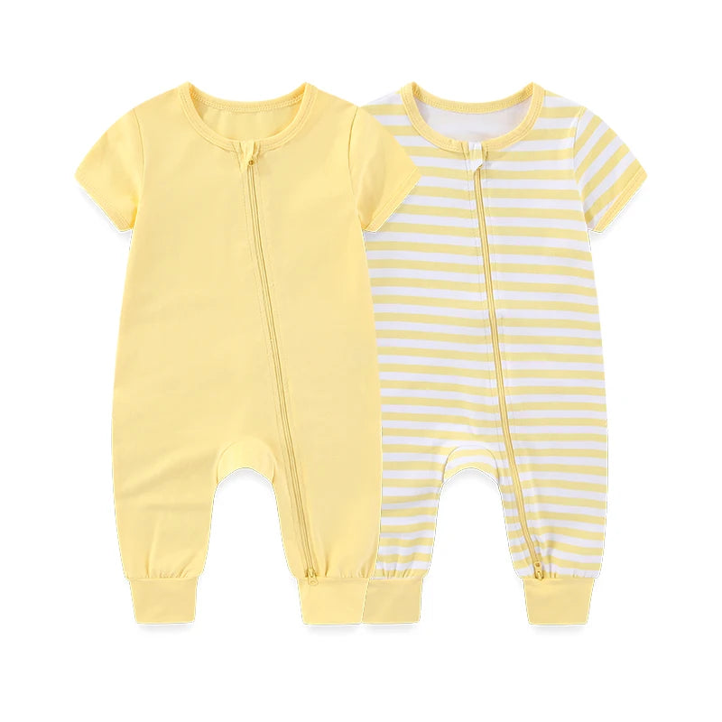 Soft Cotton Short-Sleeve Zipper Romper – 2-Pack