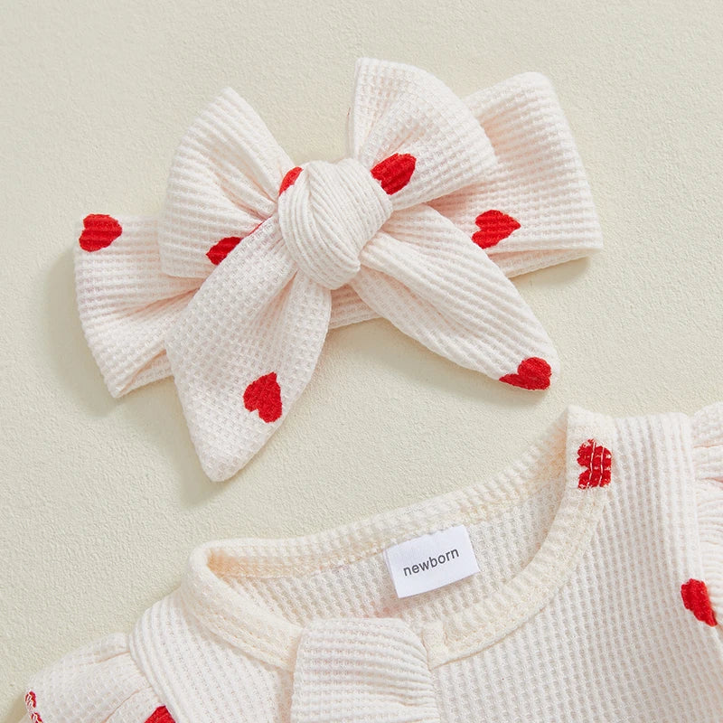 Heart Ruffle Baby Romper Set With Matching Headbands
