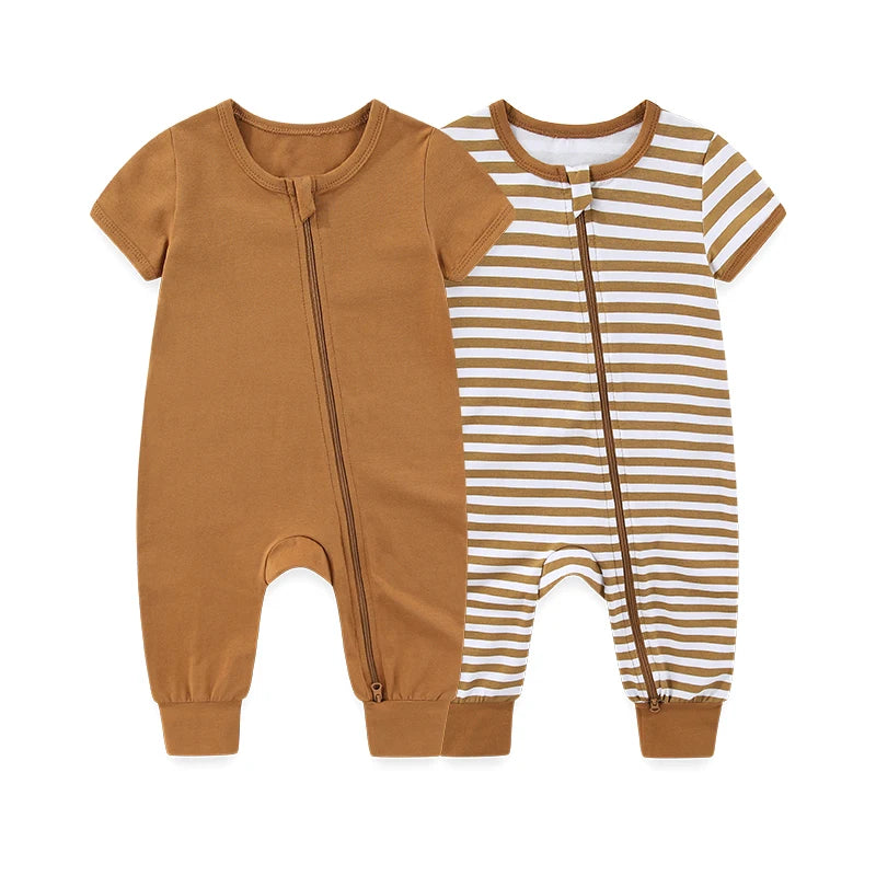 Soft Cotton Short-Sleeve Zipper Romper – 2-Pack