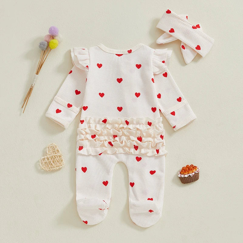 Heart Ruffle Baby Romper Set With Matching Headbands