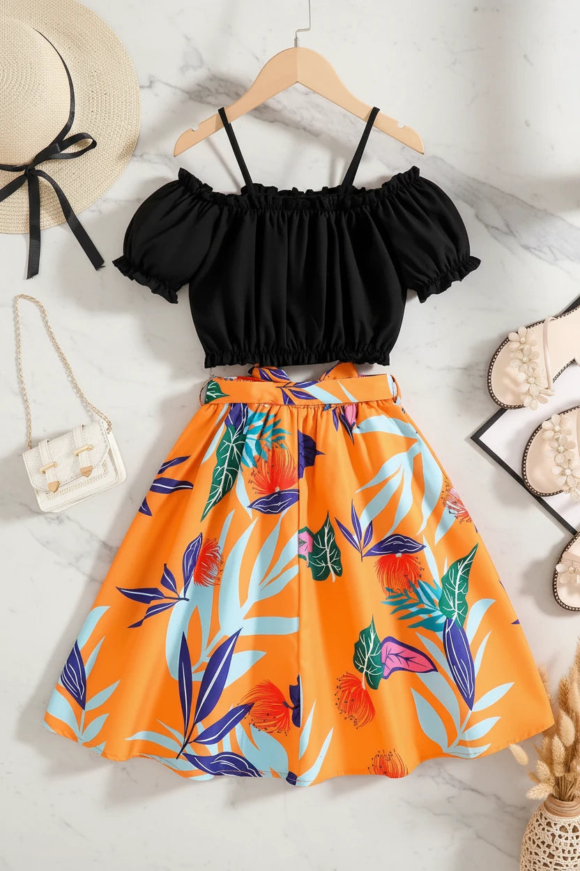 Sunshine Elegance – Girls’ Tropical Two-Piece Outfit Set