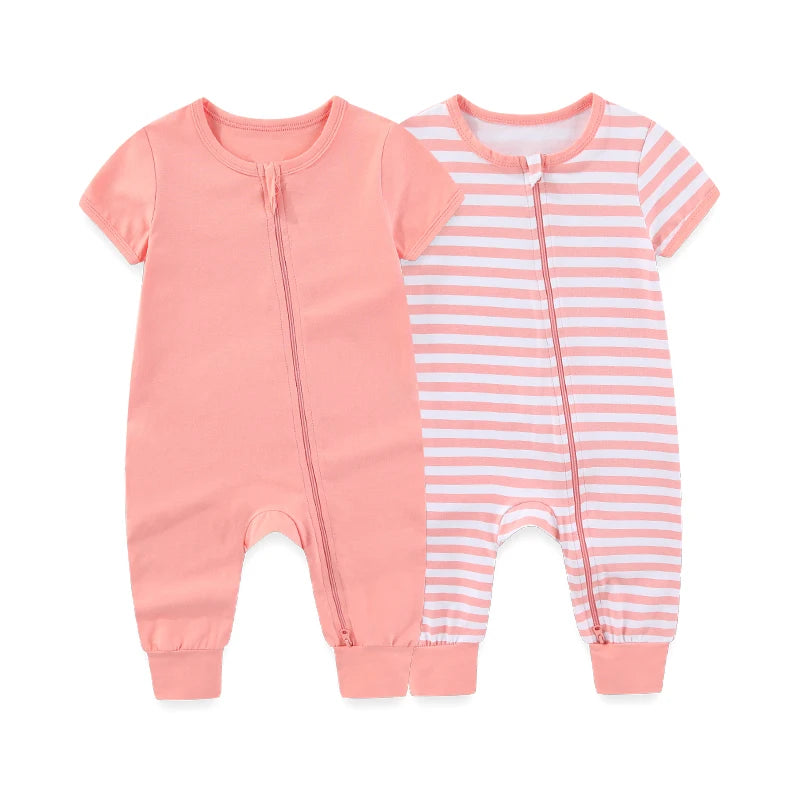 Soft Cotton Short-Sleeve Zipper Romper – 2-Pack