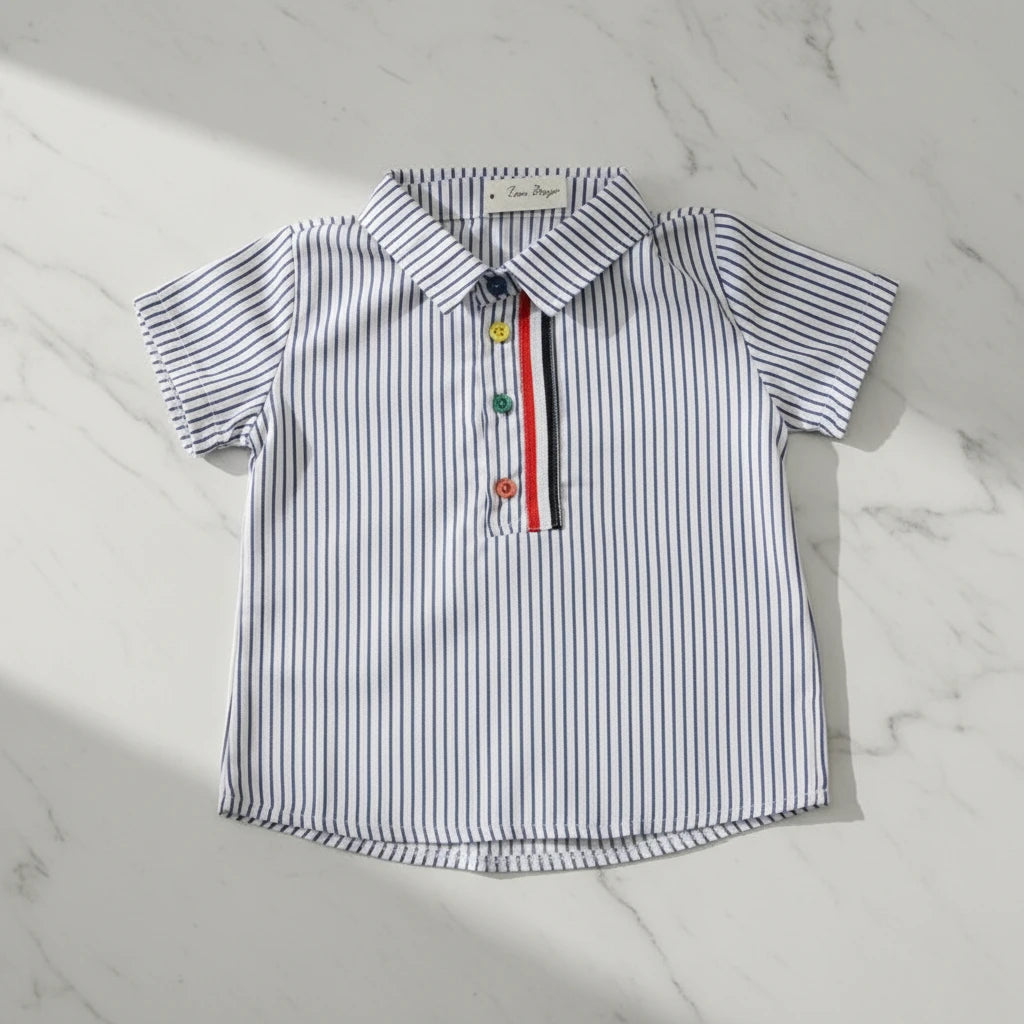 Classic Charm – Boys’ Striped Shirt & White Shorts Summer Set