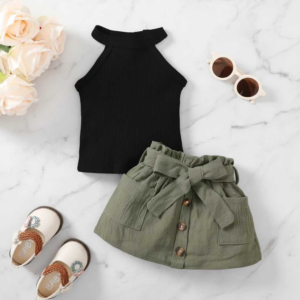 Girls' 2-Piece Halter Top and Paperbag Skirt Set - Black & Olive