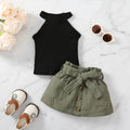 Girls' 2-Piece Halter Top and Paperbag Skirt Set - Black & Olive