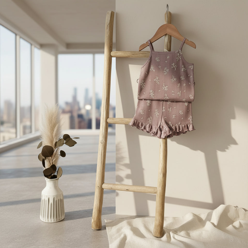 Toddler Girls' 2-Piece Ribbed Floral Set: Camisole Top & Ruffled Shorts in Dusty Rose