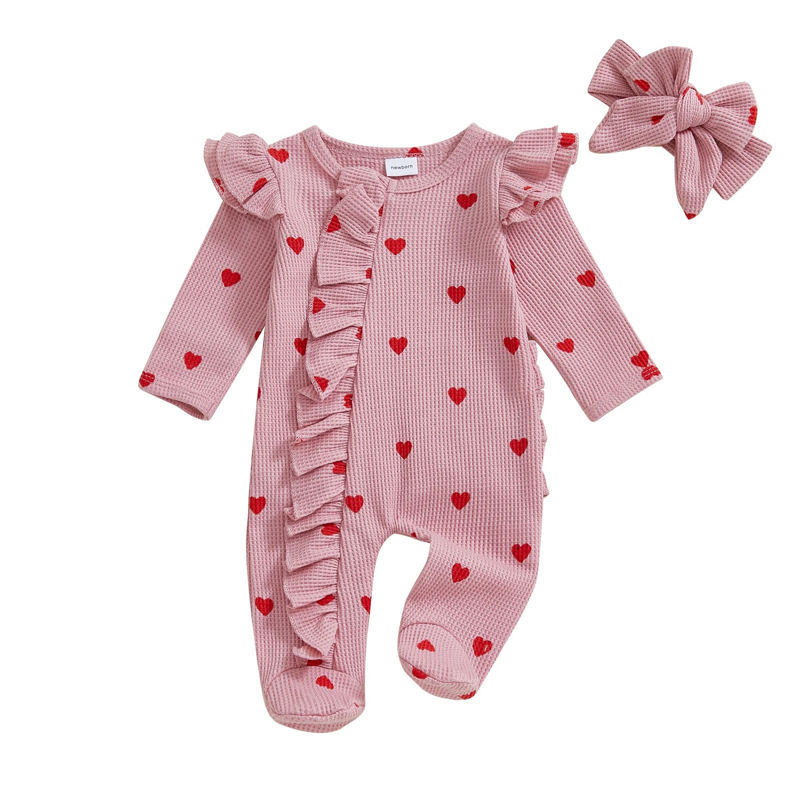 Heart Ruffle Baby Romper Set With Matching Headbands