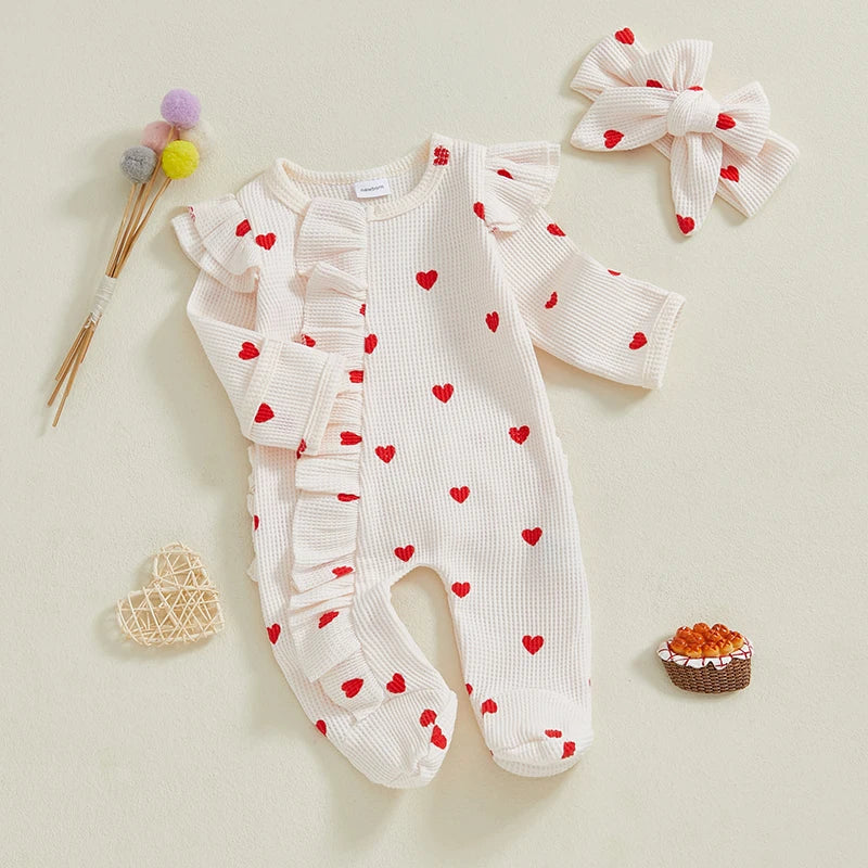 Heart Ruffle Baby Romper Set With Matching Headbands
