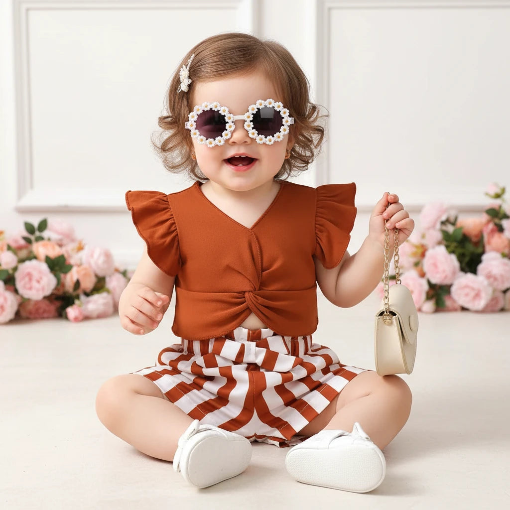 Boho-Chic Summer Set: Flutter Sleeve Twist Top & Striped Bloomers