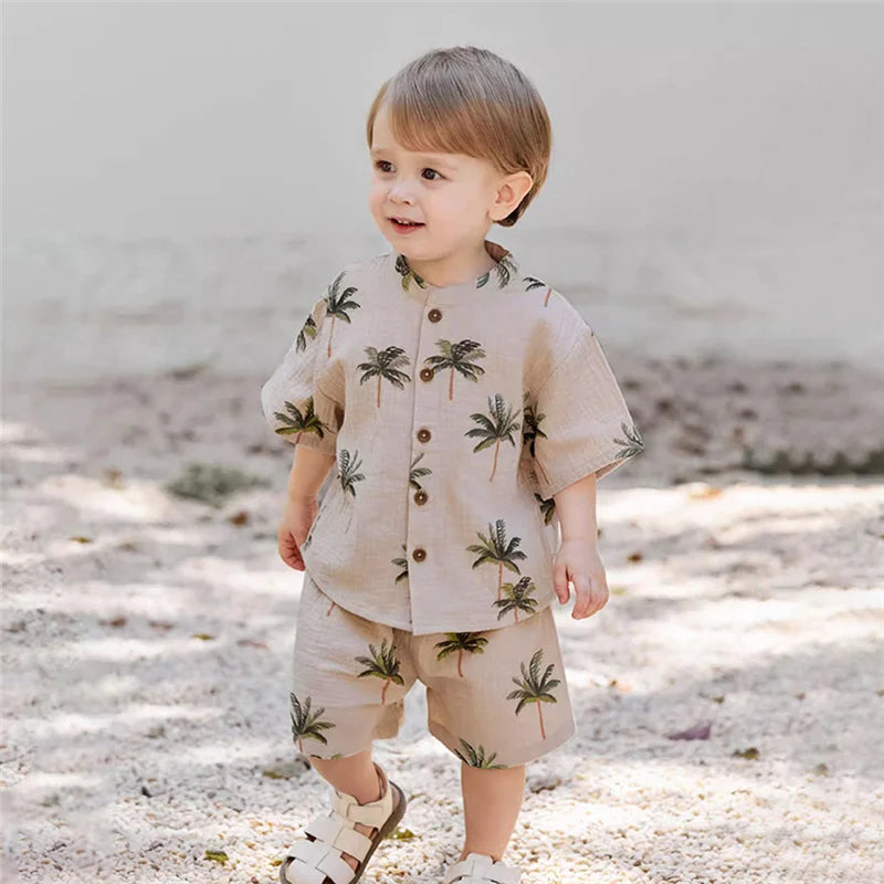 Island Wanderer: Tropical Palm Linen-Blend Set
