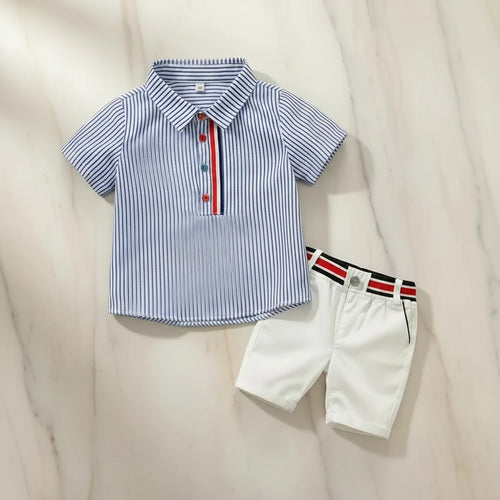 Classic Charm – Boys’ Striped Shirt & White Shorts Summer Set
