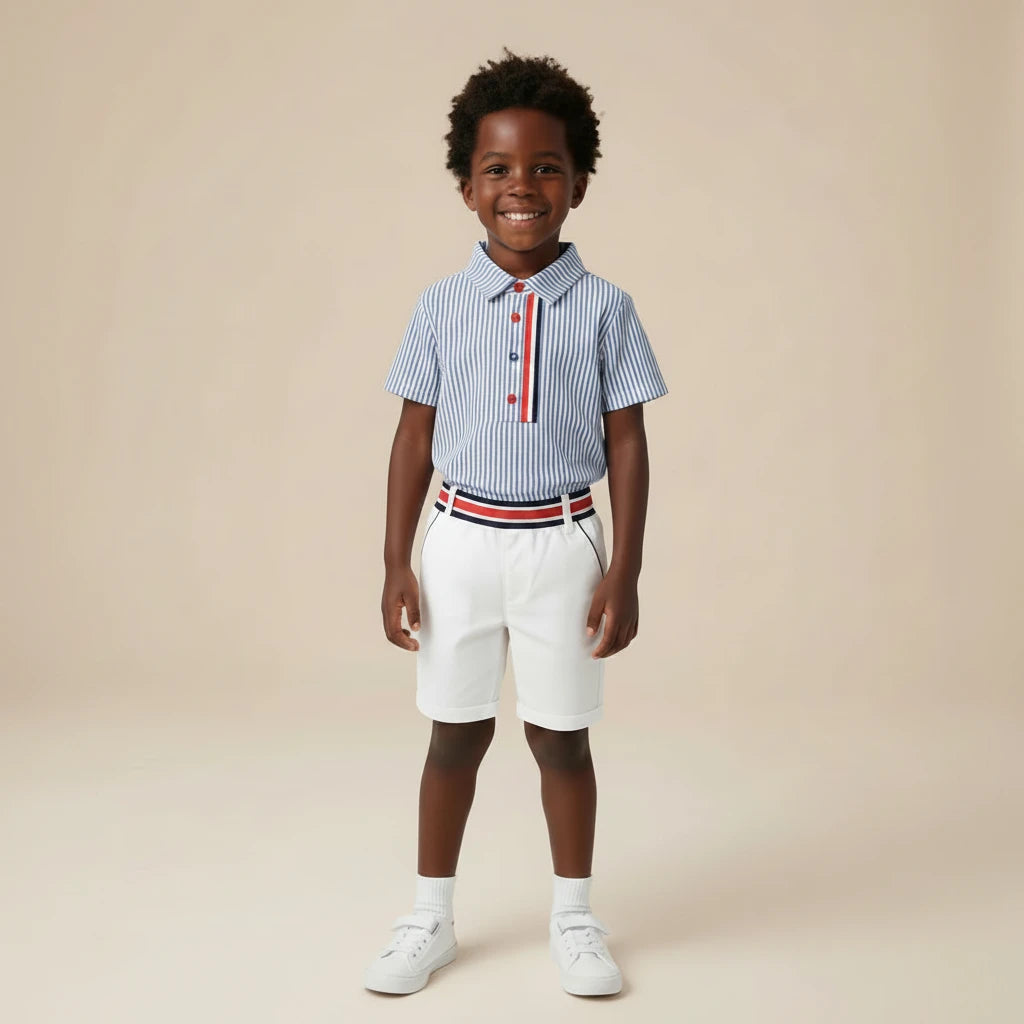 Classic Charm – Boys’ Striped Shirt & White Shorts Summer Set