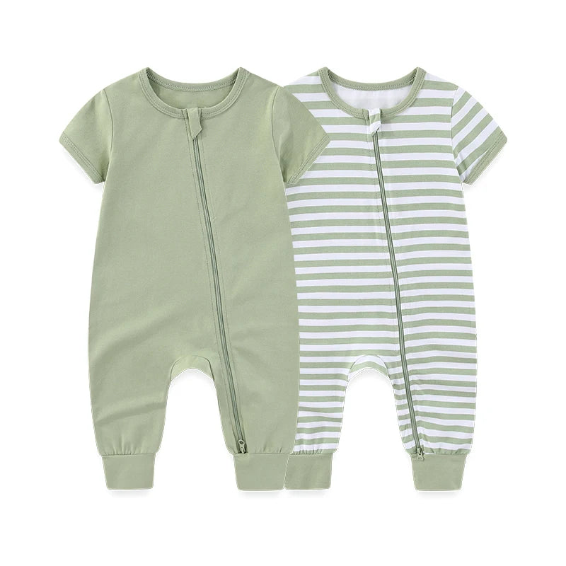 Soft Cotton Short-Sleeve Zipper Romper – 2-Pack