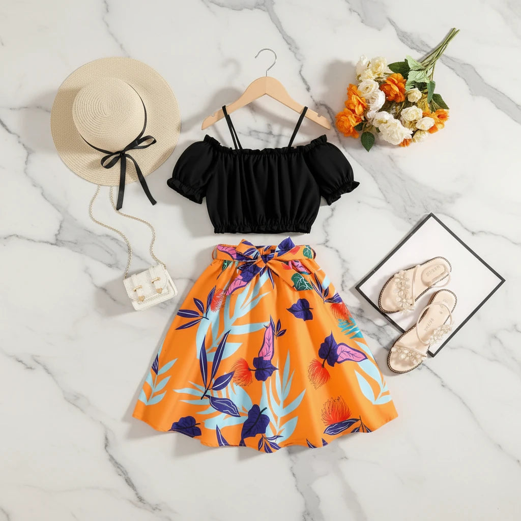 Sunshine Elegance – Girls’ Tropical Two-Piece Outfit Set