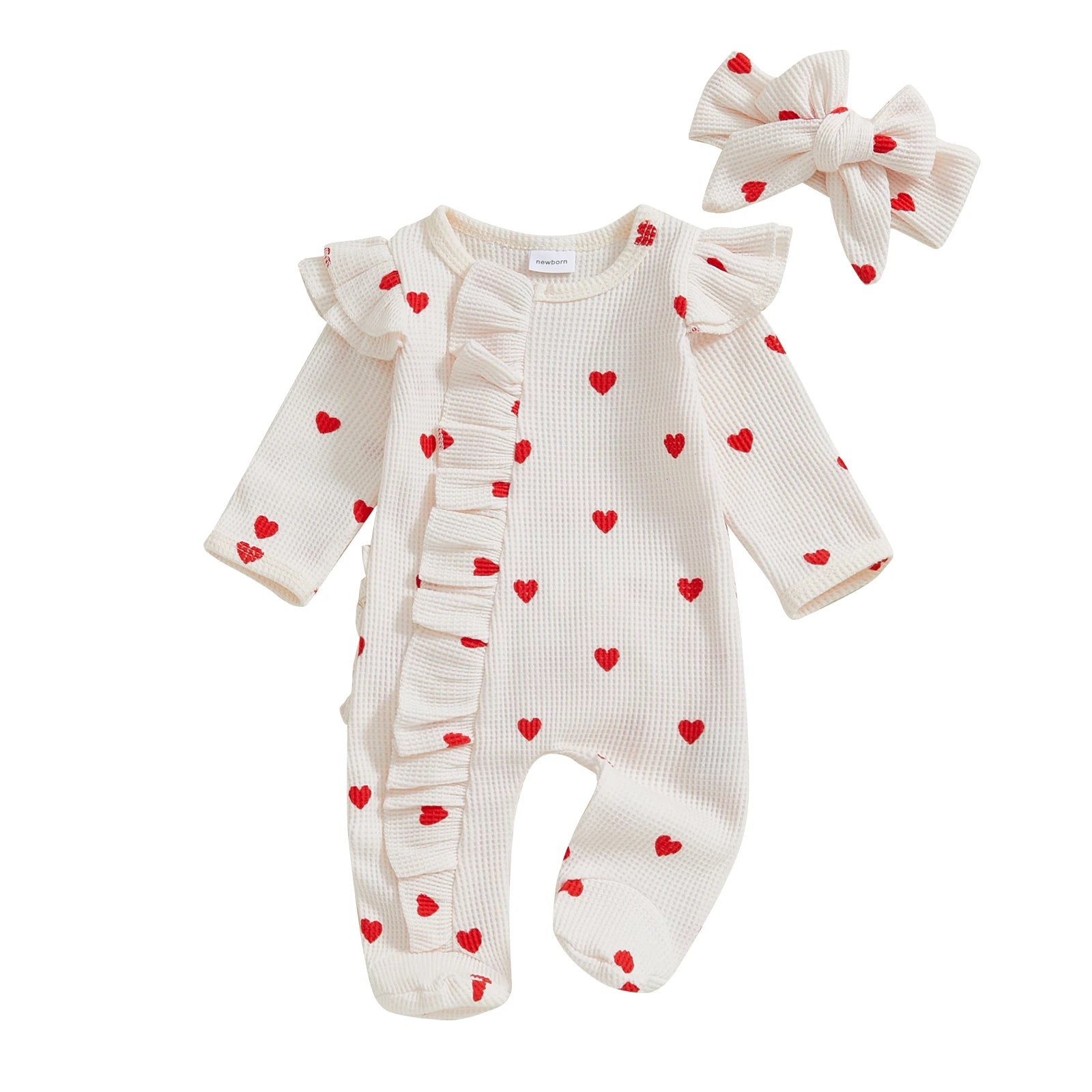 Heart Ruffle Baby Romper Set With Matching Headbands