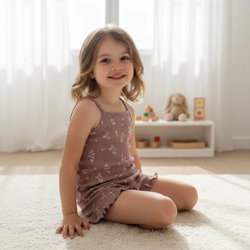 Toddler Girls' 2-Piece Ribbed Floral Set: Camisole Top & Ruffled Shorts in Dusty Rose