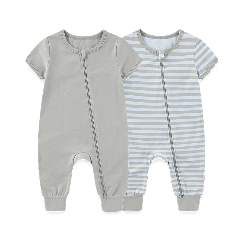 Soft Cotton Short-Sleeve Zipper Romper – 2-Pack