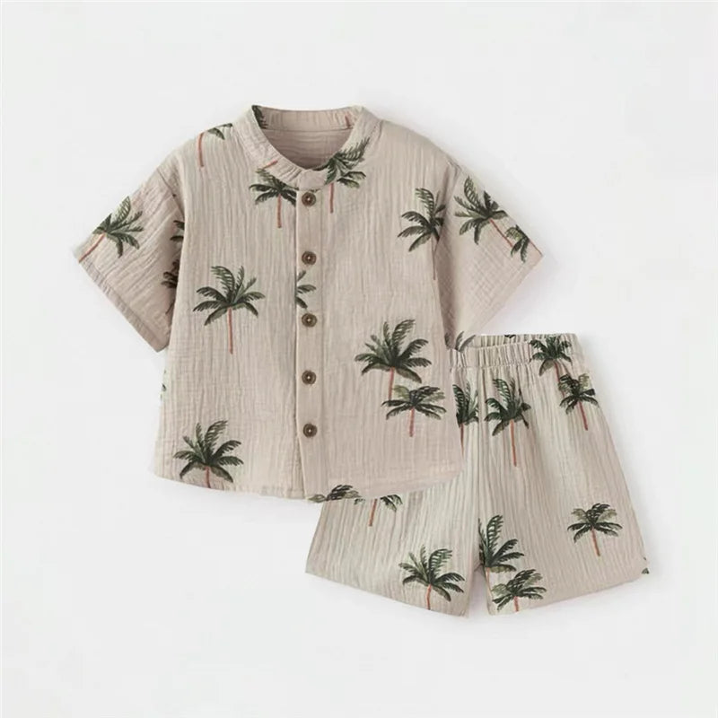 Island Wanderer: Tropical Palm Linen-Blend Set